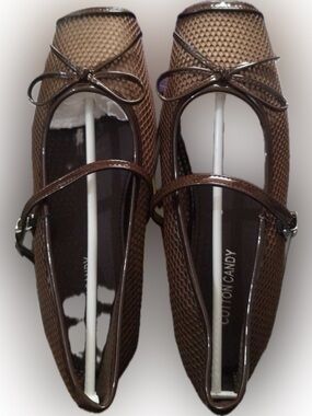 Cotton Candy Brown Textured Mary Jane Mesh  Ballet Flats with Bow